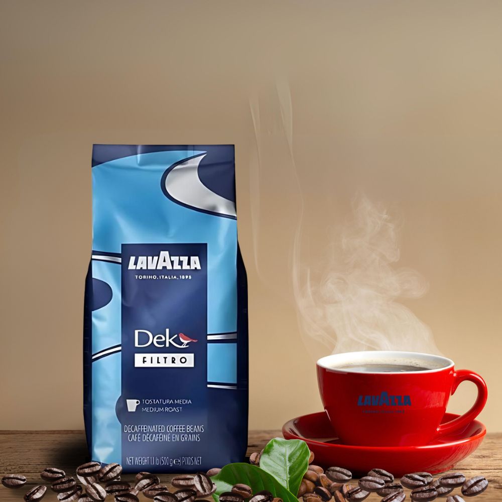 Lavazza Dek Filtro Decaffeinated Whole Bean Coffee in cup