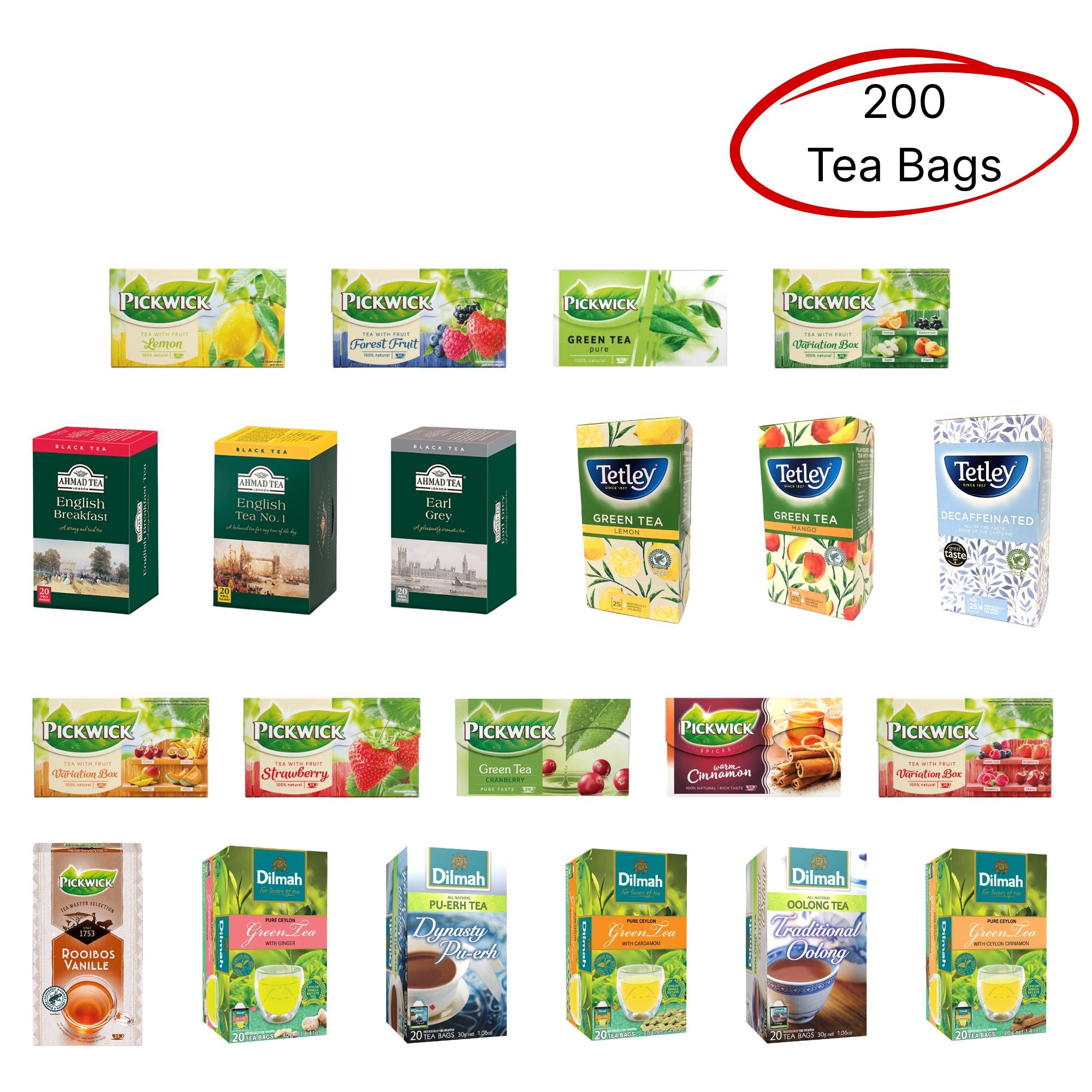 Tea Lovers Sampler Assortment Variety Pack: Ahmad, Pickwick, Tetley, Dilmah, Teekanne (200 Tea Bags)