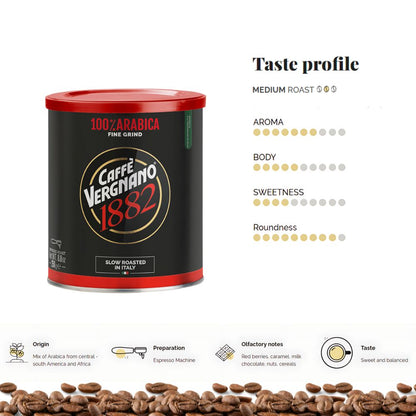 Caffe Vergnano 100% Arabica Espresso Fine Grind Coffee in Can 8.8oz/250g
