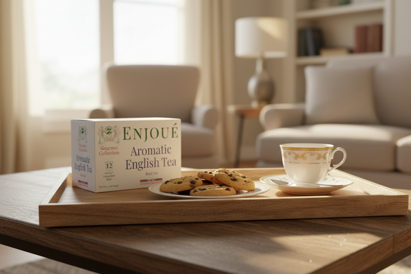 Tea set with cookies on a wooden tray in a cozy living room.
