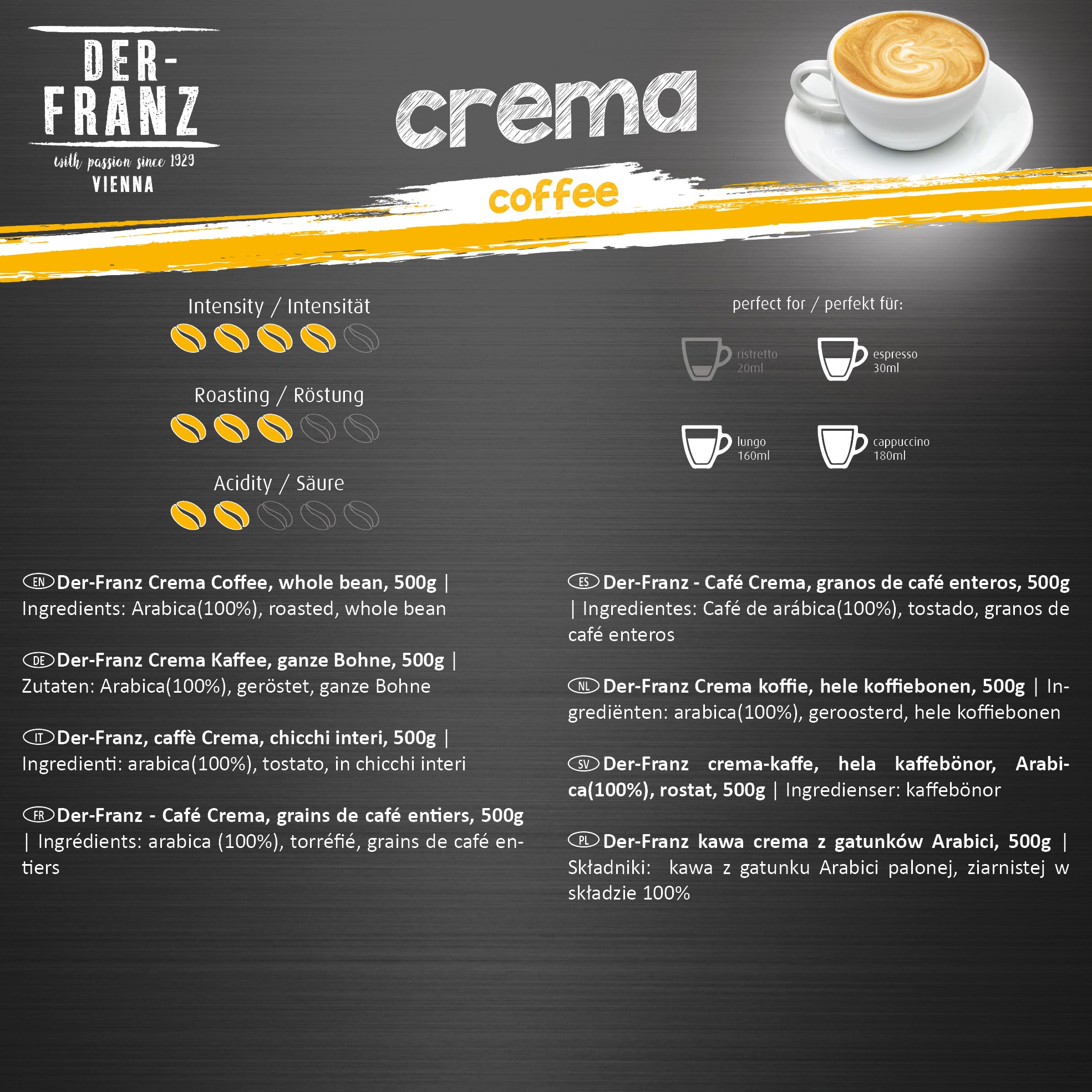 Der Franz Crema Whole Bean Coffee 17.6oz/500g
