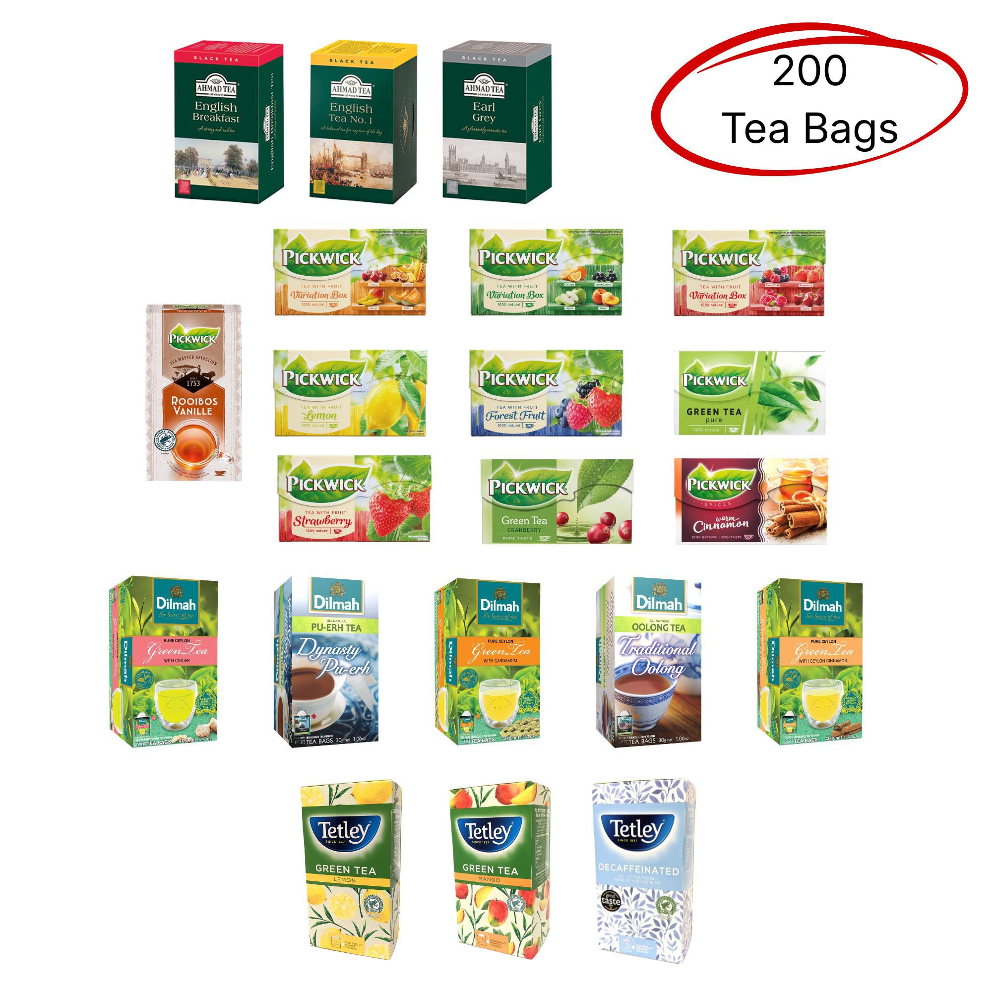 Ahmad, Pickwick, Tetley, Dilmah, Teekanne Tea Bag Sampler Assortment, Variety Pack (200 Count), Unique Flavours for Tea Lovers: Women, Men, Couples, Family, Friends, Coworkers