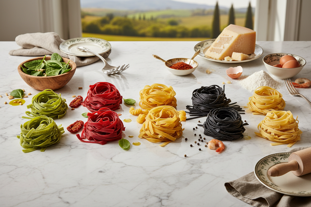 multi flavored gourmet pasta from tuscany, italy